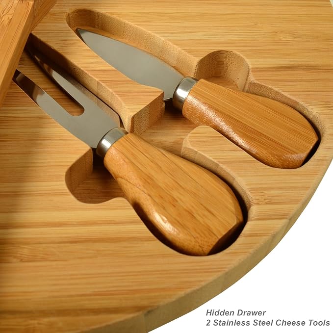 Picnic at Ascot Patented Personalized Monogrammed Engraved Bamboo Cheese/Charcuterie Board with Cheese Knives- Designed & Quality Checked in The USA