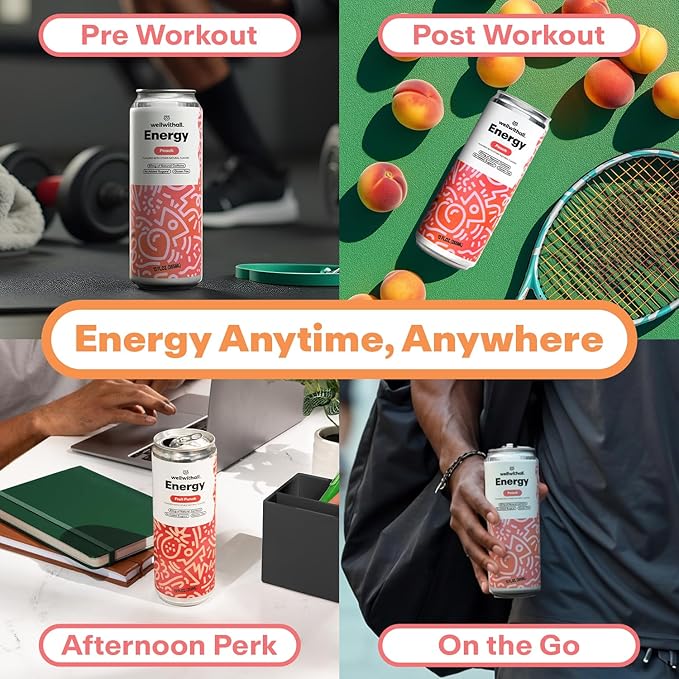 WellWithAll Peach Energy Drink ??Caffeine from Tea ??With Vitamin C ??Lightly Sparkling Beverage ??Fruit & Veggie Juice Blend ??12 Oz (Pack of 12)