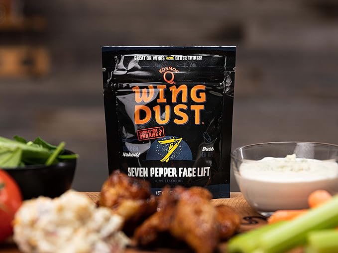 Kosmos Q Seven Pepper Face Lift Spicy Hot Wing Dust, Spicy Chicken Wing Seasoning for Chicken, Fries, Burgers, Queso, Beans & More, Flavorful Heat with 7-Pepper Blend Dry Rub Seasoning Dust, 5 Oz