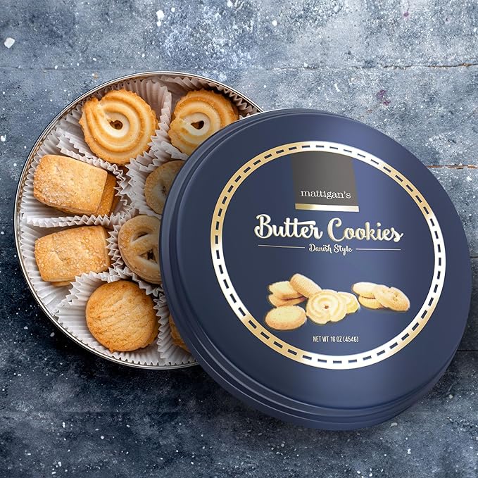 Mattigan's Butter Cookies Traditional Danish Style Cookie Assortment, 16 Oz Tin, Gourmet Gifts for Holidays, Birthday, Special Occasions, Snack Gift, Assorted Cookie Dessert Sweets, Reusable Metal Tin