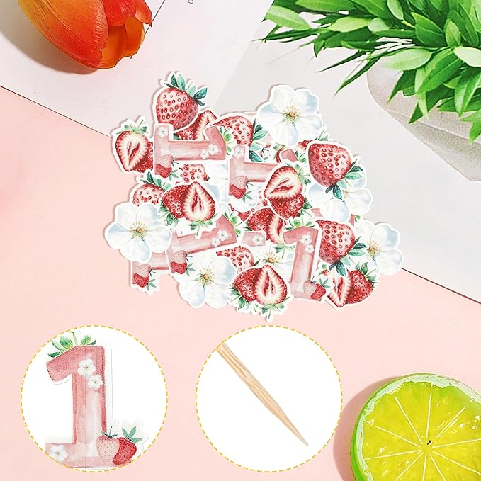 60 Pack Edible Sweet One Cupcake Toppers First Birthday Strawberry Flower Cake Toppers Rice Paper Wafer Paper Cake Picks for Fruit Baby Shower 1st Birthday Berry Sweet Kids Birthday Cake Decorations