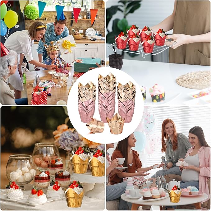 uxcell 100 Pcs Tulip Cupcake Liners, Muffins Liners Aluminum Foil Cupcake Wrappers Baking Cups Muffins Liners for Wedding Birthday Party Supplies, Champagne Gold/Rose Gold