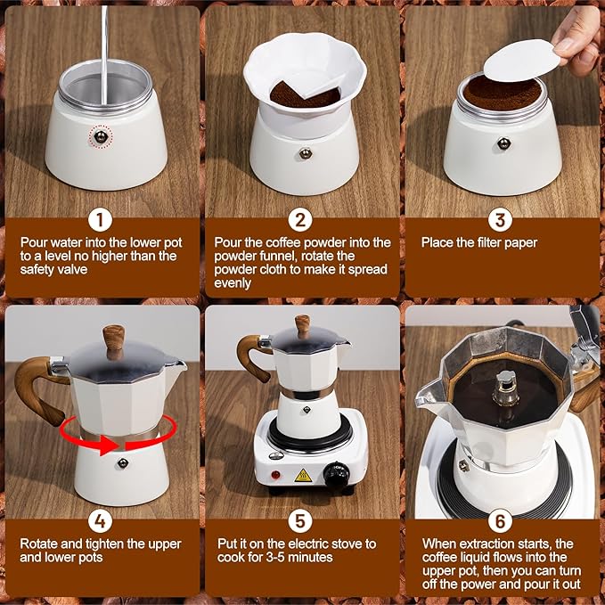 7-in-1 Moka Pot Espresso Set with Electric Stove 3 Cup Aluminum Stovetop Coffee Maker Percolator Italian Classic Mocha Coffee Machine with Hand Grinder Sealing Canister Spoon Portable Camping