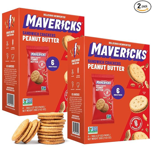 Mavericks Sandwich Crackers Peanut Butter - Plant-Based Peanut Butter Sandwich Snack Crackers, Whole Grain, Non-GMO - 2 Boxes (12 Snack Packs)