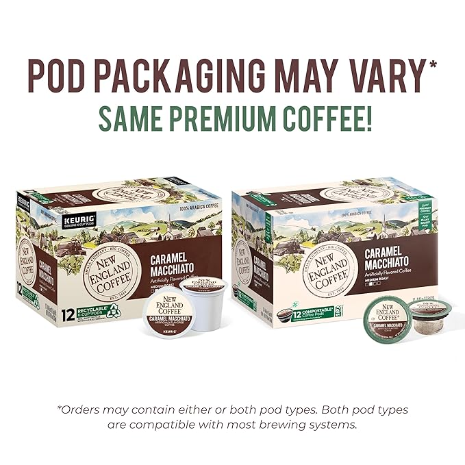New England Coffee Caramel Macchiato Medium Roast Single Serve Pods, 12ct Box (Pack of 6)
