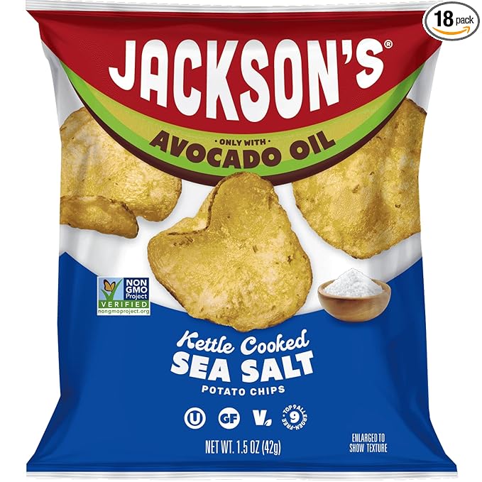 Jackson?™s Potato Classic Kettle Chips with Sea Salt (1.5oz, Pack of 18) - Made with Premium Avocado Oil - Allergen-friendly, Gluten Free, Peanut Free, Vegan, Kosher - Shark Tank Product