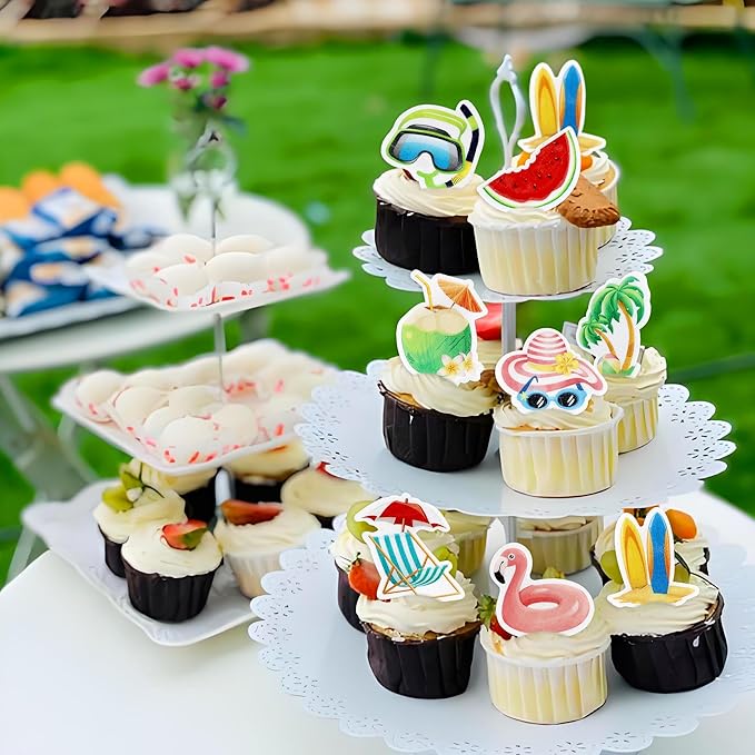 40cs Edible Summer Beach Hawaii Cupcake Toppers Watermelon Ice Scream Palm Tree Surfboard Swimming Pool Ball Slipper Cupcake Picks Baby Shower Summer Theme Birthday Party Cake Decorations