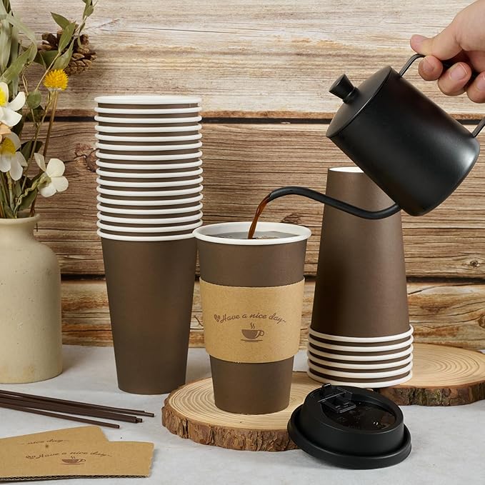 LITOPAK 100 Pack 16 oz Paper Coffee Cups, Brown Disposable Coffee Cups with Lids, Sleeves, Sticks, Drinking Cups for Hot Coffee, Water or Juice, Hot Paper Cups for Home, Restaurant, and Store
