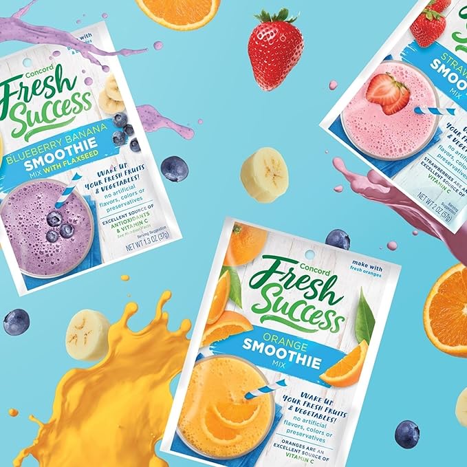 Concord Foods, 3 Breakfast Fruit Smoothie Mix Flavors: 6 Chocolate Banana 2 Oz Pouches, 6 Banana 2 Oz Pouches, 6 Strawberry 2 Oz Pouches