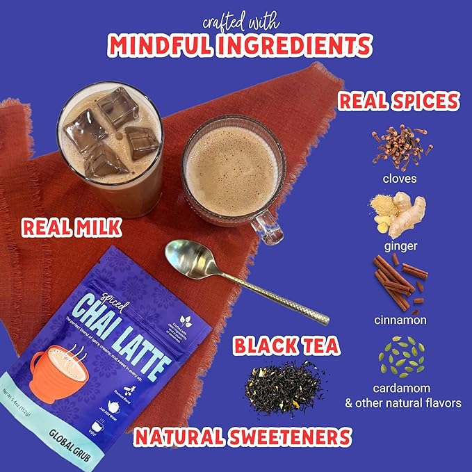 Global Grub Spiced Chai Latte Mix – Crafted with Mindful Ingredients – Effortless Instant Chai, Just Add Water, Enjoy Hot or Iced