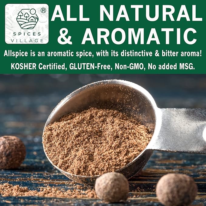 SPICES VILLAGE Ground Allspice (8 oz) - Powdered Fresh Whole Allspice Berries, Ground Jamaican Pimento Seeds, Natural Seasoning for Curries Pastries - Kosher, Gluten Free, Non GMO, Resealable Bulk Bag