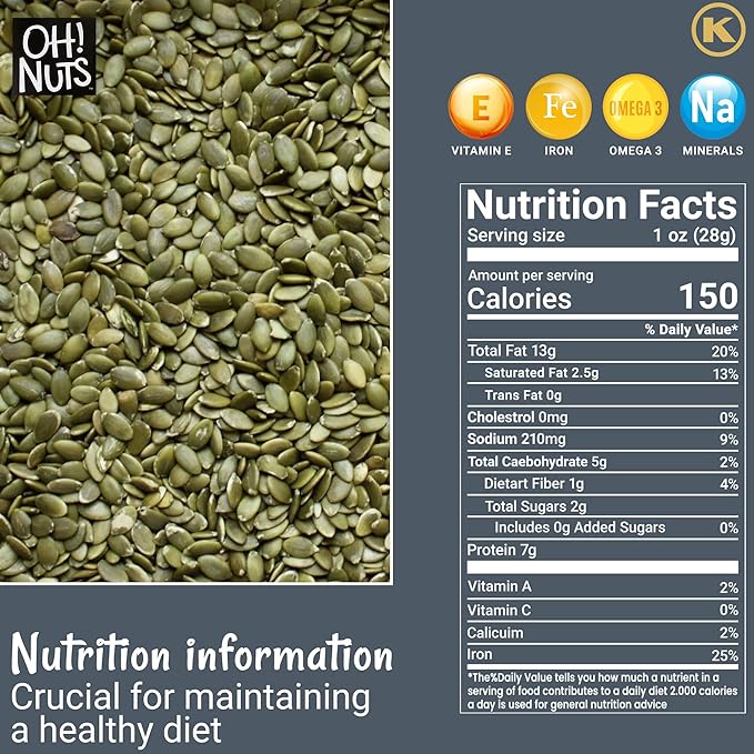 Oh! Nuts Pumpkin Seeds - Roasted Salted - 1.25 lb - No Shell Pepitas - Packed in New York Zip-Seal Bag for Exceptional Freshness