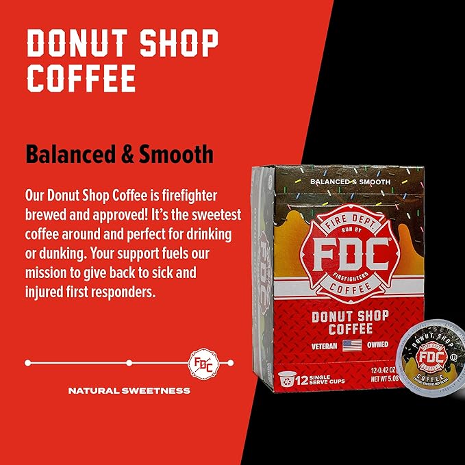 Fire Department Coffee - Gives Back to Firefighters - Medium Roast Donut Shop Coffee Pods - Sweet & Smooth -Roasted in the USA - Premium K Cups - Veteran Owned - 12 Single Pods