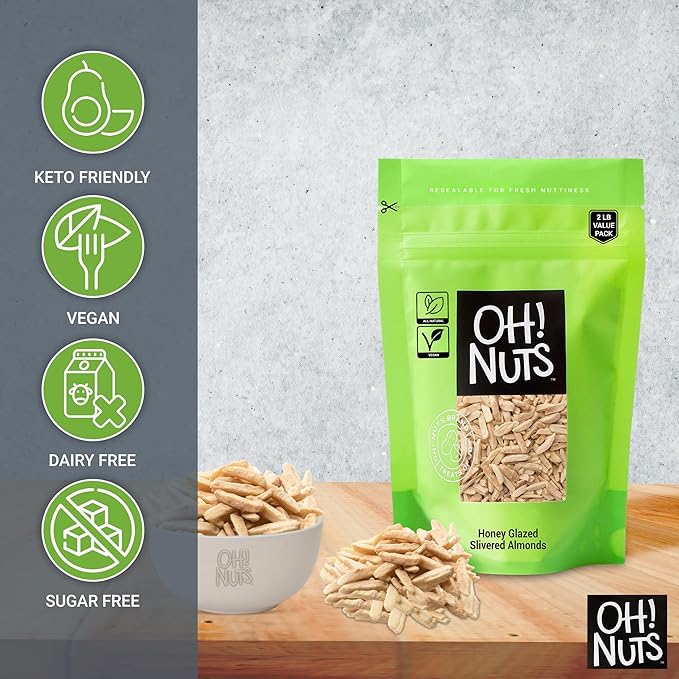 Oh! Nuts Almonds Honey Glazed Slivered - Raw - 100% Natural - 2 lb - High-Protein Almond - Packed in New York Zip-Seal Bag for Exceptional Freshness