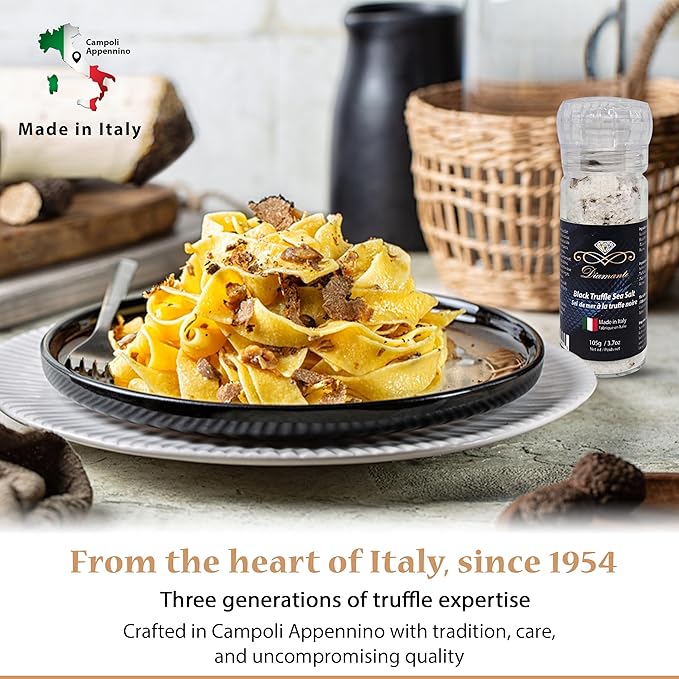 Diamante Italy Black Truffle Sea Salt with Glass Grinder - Gourmet Truffle Salt Seasoning - Specialty Seasoning - Non GMO & Made in Italy - 105g