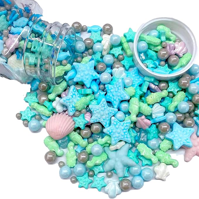 Sentovac Ocean Sprinkle Edible Cake Decorating Hippocampi Starfish Shell Fish Pearl Candy Mix Blue Sprinkle for Cake Cupcake Topper Cookie Baking Decorations Sea Theme Party Birthday Supplies