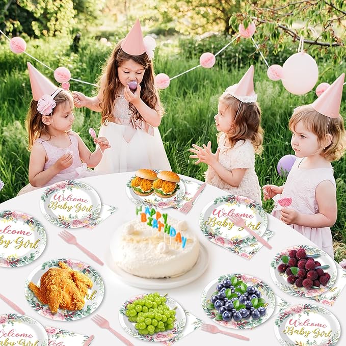 96Pcs Welcome Baby Girl Plates and Napkins Baby Shower Party Decorations Sage Green Pink Dessert Disposable Plates Pink Green Floral Tableware Set for 24 Guests Baby Girls Birthday Party Supplies