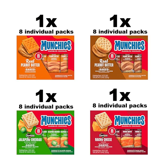 Munchies Baked Sandwich Crackers Variety Pack, Cheese Peanut Butter, Toast Peanut Butter, Doritos Nacho Cheese, and Doritos Jalapeno Cheese (Pack of 32 sleeves)
