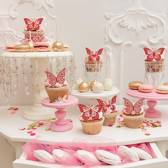 Gyufise Metallic Red Butterfly Cupcake Toppers Hollow Art 3D Butterfly Cupcake Decorations Baby Shower Wedding Anniversary Kids Birthday Party Cake Wall Decorations Supplies 36Pcs