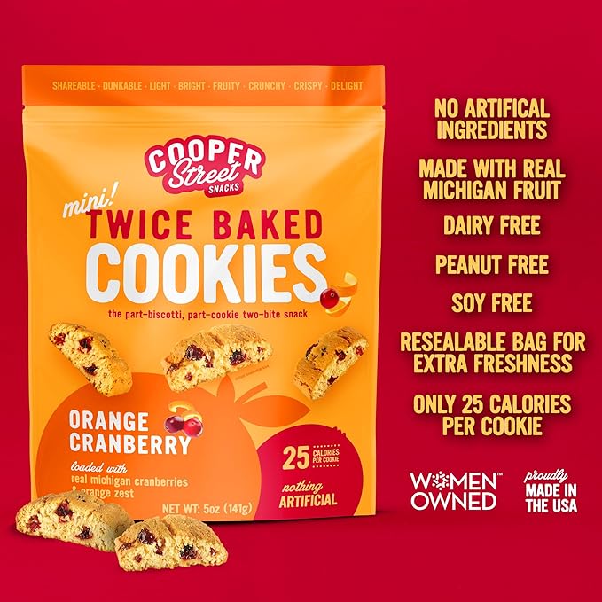 Cooper Street Twice Baked Orange Cranberry Biscotti Cookies - Light and Crispy Coffee Cookie Bites - Traditional Low Calorie Italian Snacks for Adults & Kids - Kosher, Dairy, Peanut & Soy Free - 5oz