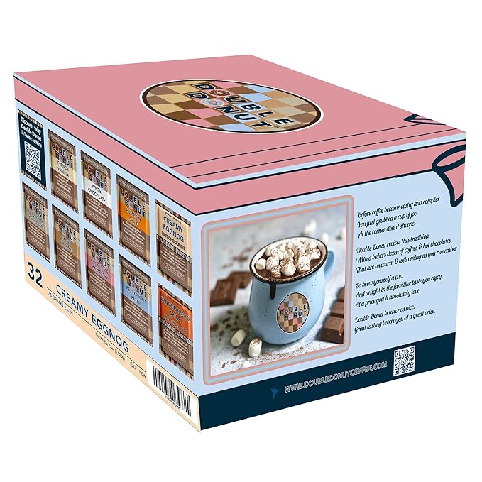 Double Donut Creamy Eggnog Hot Chocolate Mix Packets, Flavored Eggnog Hot Cocoa Mix, 32 Count