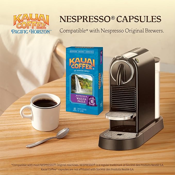 Kauai Coffee Espresso Pods Compatible with Nespresso Original Coffee Makers – Arabica Coffee, 10% Hawaiian – Medium Roast, Floral Notes & Smooth Finish – Wailua Falls, 4 Packs of 10 Espresso Pods