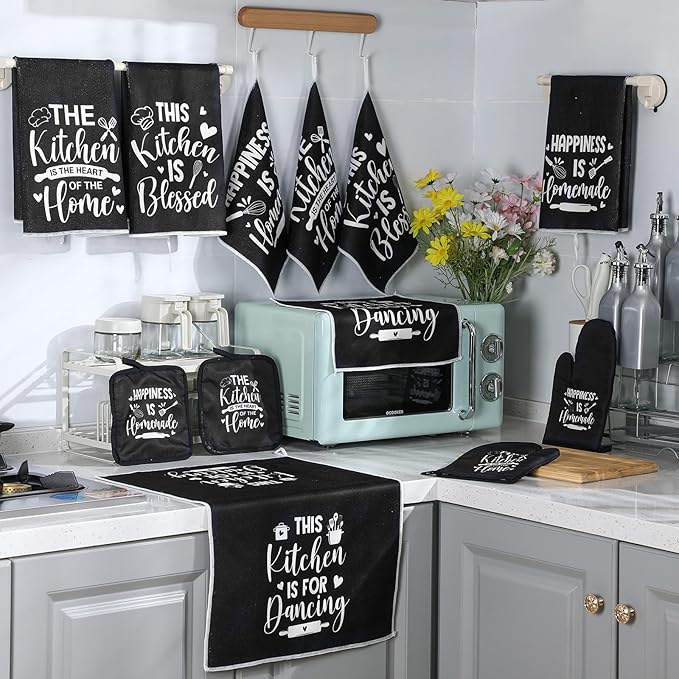 Bencailor 12 Pcs Farmhouse Kitchen Decor Sets, 8 Black Kitchen Dish Towels 2 Pot Holders 2 Oven Mitts Glove, Rustic Hand Towels and Dishcloths Sets for Home Decorations Accessories Christmas Mom Gifts