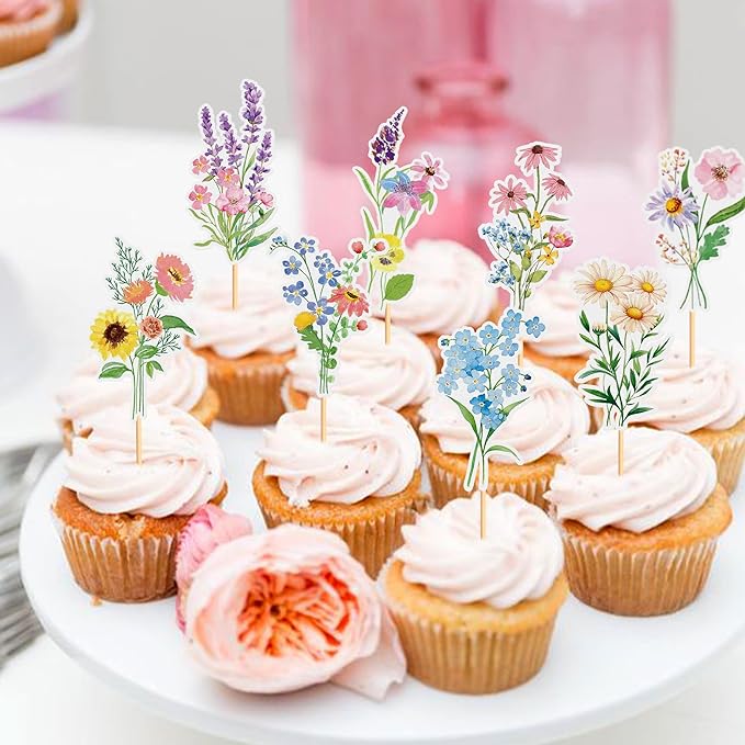 24Pcs Wildflower Cupcake Toppers Wildflower Birthday Party Decorations Picks Girl Birthday Theme Cake Decorations for Baby Shower Party Supplies Anniversary Party Decorations Supplies