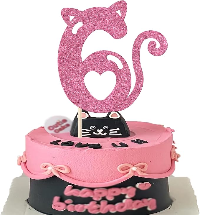 1 Pack 6th Cake Topper Glitter Cat Birthday Cake Pick Cute Pet Cat Cake Decoration for Cat Theme Baby Shower Kids Six Birthday Wedding Party Cake Decorations Supplies Pink