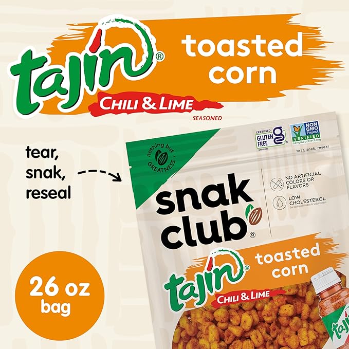 Snak Club Tajin Toasted Corn, Roasted Corn Nuggets with Chili and Lime Seasoning, Mild, Non-GMO, Gluten-Free, Kosher Snack, No Artificial Colors or Flavors, Low Cholesterol, 26 oz Resealable Bag