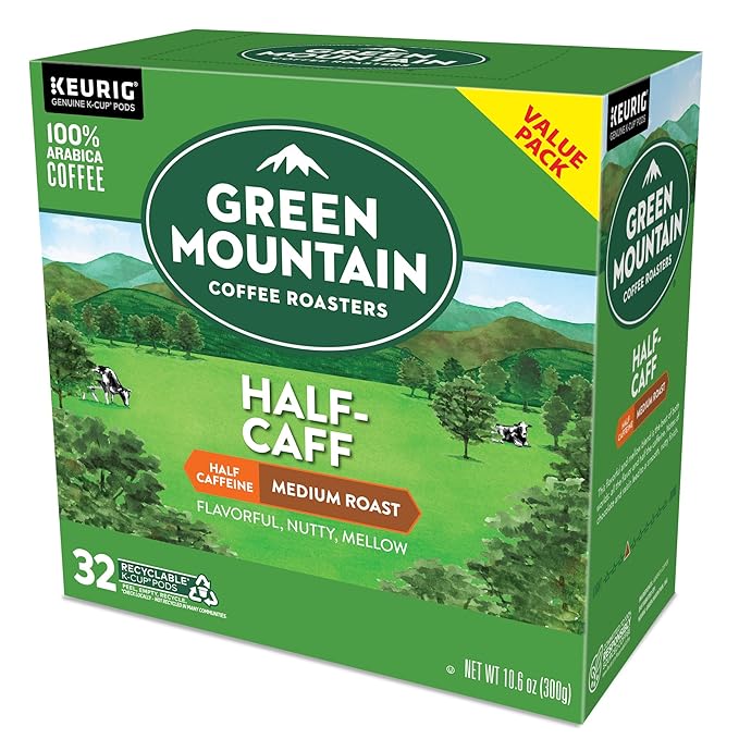 Green Mountain Coffee Roasters Half Caff, Single-Serve Keurig K-Cup Pods, Medium Roast Coffee Pods, 32 Count