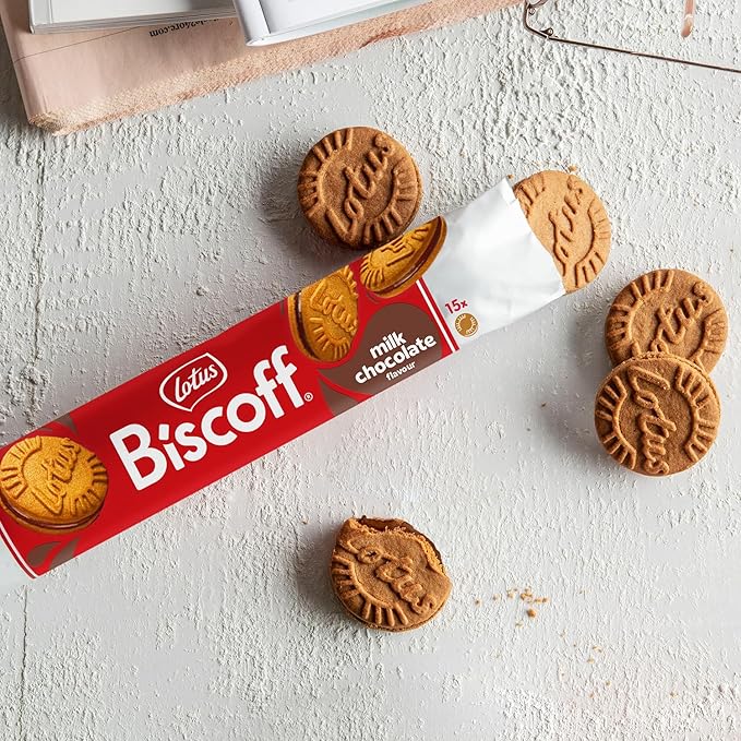 Lotus Biscoff Sandwich Cookies, Milk Chocolate Cream, 15 Cookies per pack, 5.29 Ounce (Pack of 9)
