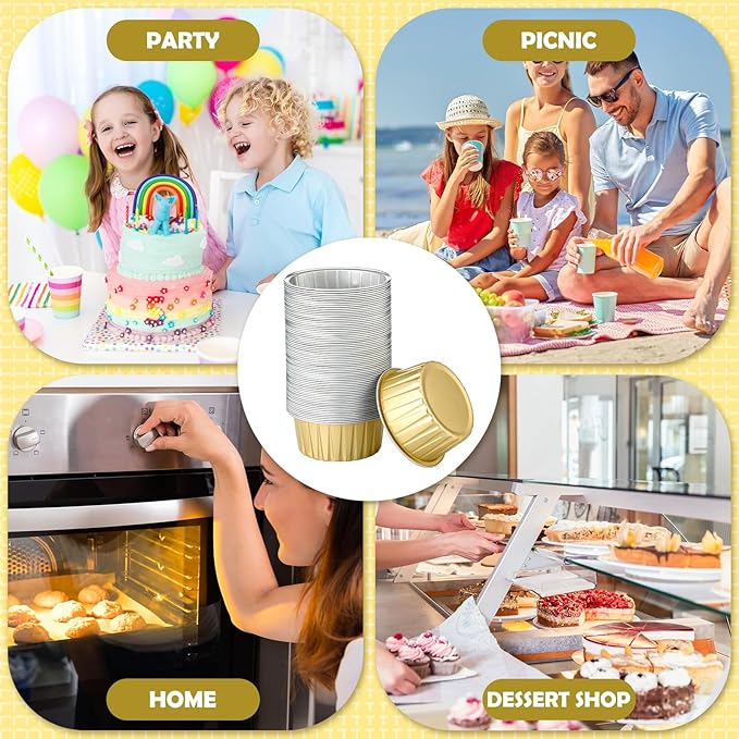 Hushee 600 Pcs Aluminum Foil Baking Cups with Lids and Spoons 5oz Disposable Ramekins Dessert Muffin Creme Brulee Cupcake Liners Containers for Wedding Birthday Christmas Party(Round,Gold)