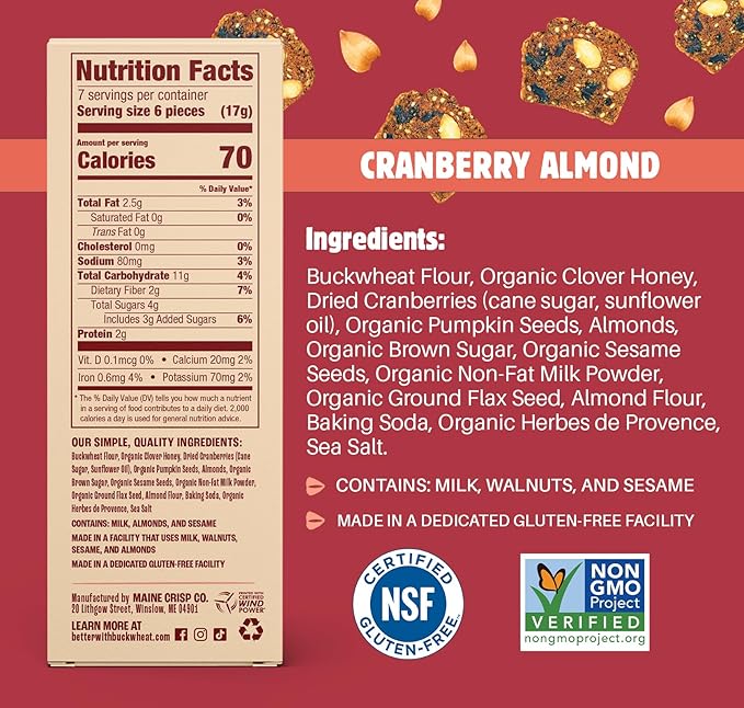 Maine Crisp Cranberry Almond Crisps, 4 Pack - Snack Crackers, Grain Free, Non-Gmo - Sweet & Savory Flavor, for Cheese Boards, Salad Toppings & Jams