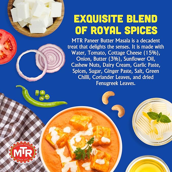 MTR - Minute Meals: Paneer Butter Masala - Creamy Cottage Cheese Curry - Tasty Indian Meal with No Added Preservatives - A Quick Meal Suitable for Vegetarians, Ready in Minutes! (Pack of 6)