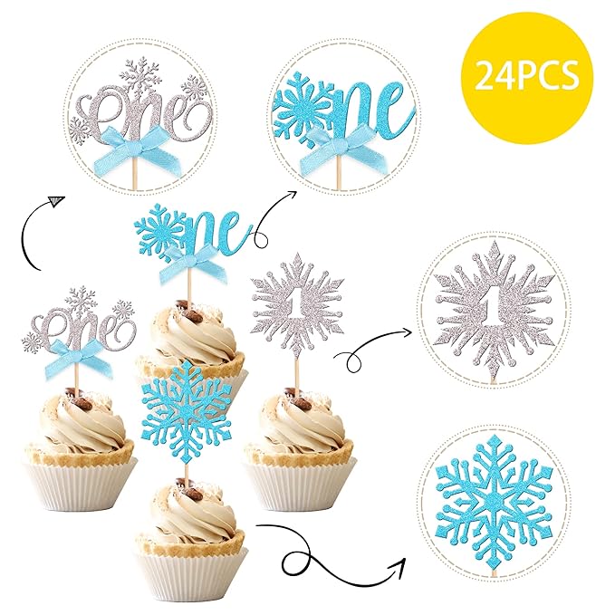 24 PCS Snowflake One Cupcake Toppers with Glitter Bow First Birthday Snowflake Cupcake Picks for Winter Onederland Theme Baby Shower Kids 1st Birthday Party Cake Decorations Supplies Silver Blue