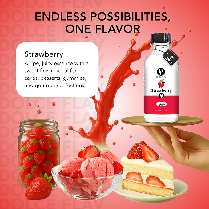 Dolce Flav Strawberry Extract ??2 Ounce Oil-Soluble Kosher, Sugar-Free, Concentrated Berry Flavor for Candy, Chocolates & Desserts, Includes Measured Dropper