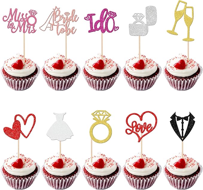 30 PCS He Asked She Said Yes Cupcake Toppers Glitter Engagement Cupcake Toppers Miss to Mrs I Do Love Heart Ring Miss to Mrs Cupcake Picks for Wedding Engagement Party Cake Decorations Supplies Multi