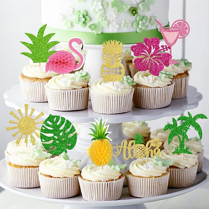 30 Pack Tropical Cupcake Toppers Glitter Leaf Pineapple Palm Tree Flamingo Picks Aloha Luau Cake Decorations for Summer Baby Shower Birthday Party Supplies