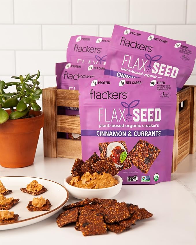 Flackers Organic Flax Seed Crackers Cinnamon & Currants, 5 Ounce 4-Pack, Gluten Free, Non GMO, Vegan, Naturally Sweet