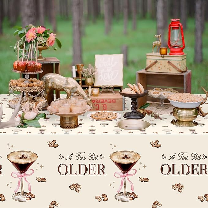 3Pcs Coffee Martini Tablecloths A Tini Bit Older Birthday Table Covers Coffee Espresso Martini Themed Plastic Disposable Rectangular Party Decorations Supplies for Birthday Bachelorette Party