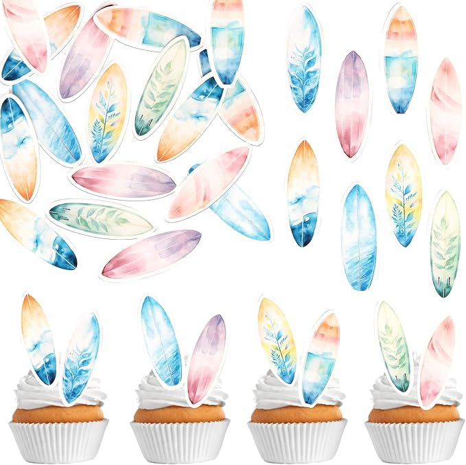60 Pack Edible Surfboard Cupcake Toppers Wafer Paper Surfboard Palm Tree Coconuts Cupcake Picks Holiday Beach Surf Cake Decorations for Summer Beach Theme Birthday Party Supplies