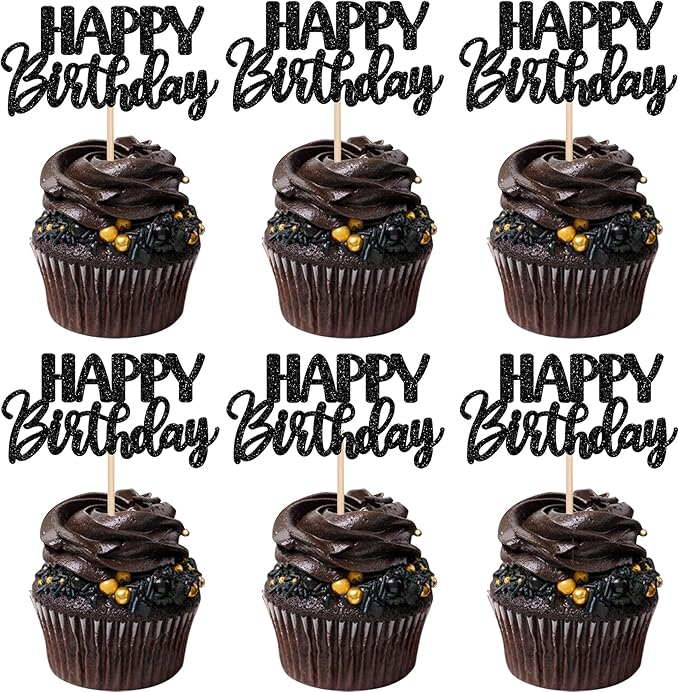 30 PCS Happy Birthday Cupcake Toppers Glitter Happy Birthday Cupcake Picks for Celebrating Birthday Anniversary Theme Party Cake Decorations Supplies Black