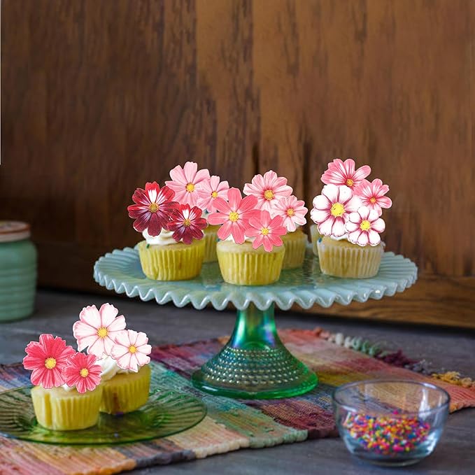 65 PCS Edible Gosang Flowers Cupcake Toppers Wafer Paper Flower Birthday Party Decorations Edible Hibiscus Wildflower Cupcake Picks for Baby Shower Wedding Birthday Party Cake Decorations Supplies