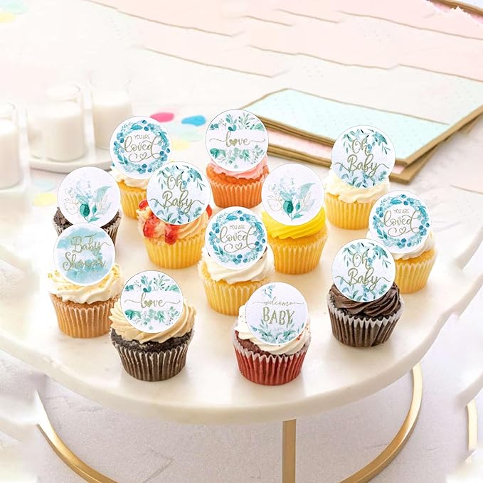 60 PCS Edible Baby Shower Cupcake Toppers Woodland Jungle Leaf Love Welcome Baby Cupcake Picks Edible Oh Baby Cake Decorations for Baby Shower Theme Gender Reveal Kids Birthday Party Supplies