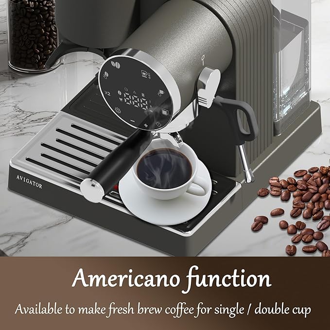 20 Bar Espresso Machine with Milk Frother, Programmable Expresso Coffee Machines with Adjustable Grinder Built in & 53 oz. Removable Water Tank for Espresso, Americano, Cappuccino and Latte