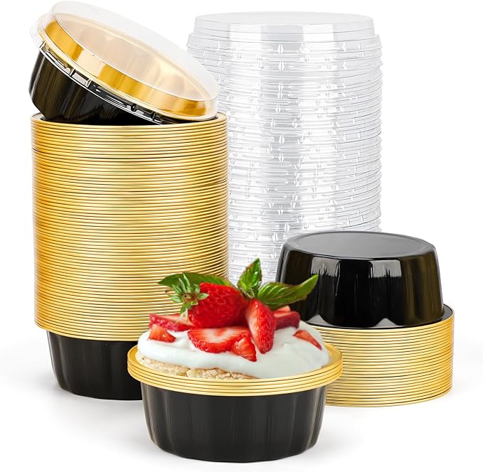 Beasea Disposable Ramekins 8oz, 100 Pack Black Gold Aluminum Foil Cups with Lids, Disposable Creme Brulee Muffin Cupcake Baking Cup Mini Pudding Cups for Party Wedding Birthday