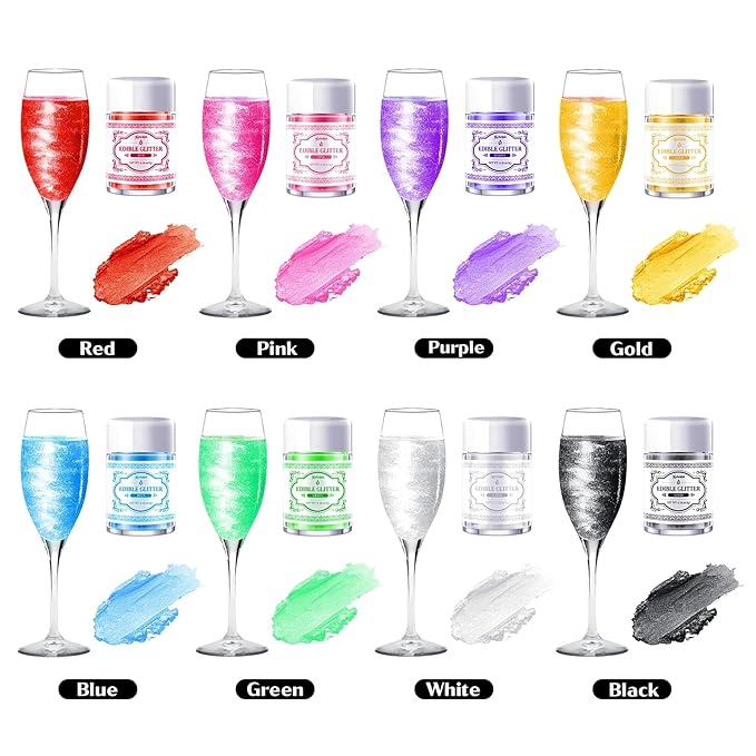 Edible Glitter for Drinks ??8 Colors Luster Dust, Food Grade Cocktail Shimmer Powder for Cakes, Beverages, Chocolate & Candy, 5g/Bottle