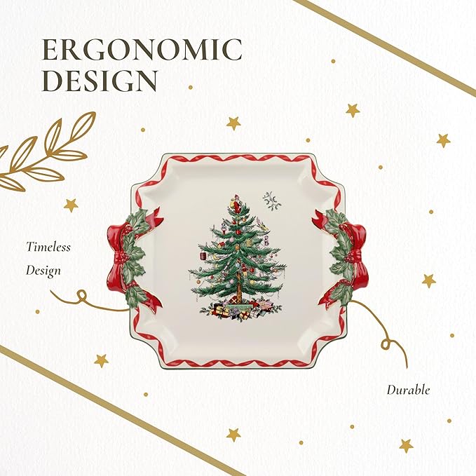 Spode Christmas Tree Ribbons Square Platter with Bow Handles - 11-Inch Holiday Serving Plate for Desserts, Appetizers, and Treats - Festive Christmas Dinnerware with Gold Accents - Dishwasher Safe