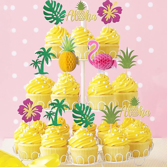 28 PCS Tropical Cupcake Toppers Glitter Leaf Pineapple Flower Palm Tree Flamingo Cupcake Picks Aloha Cake Decorations for Summer Hawaiian Luau Theme Baby Shower Birthday Wedding Party Supplies